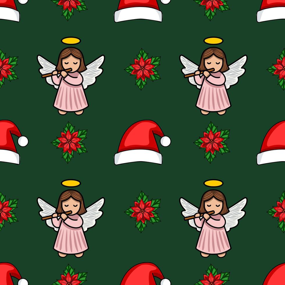 Seamless Christmas pattern featuring adorable angels playing flutes, festive poinsettias, and Santa hats on a deep green background, perfect for holiday designs. vector