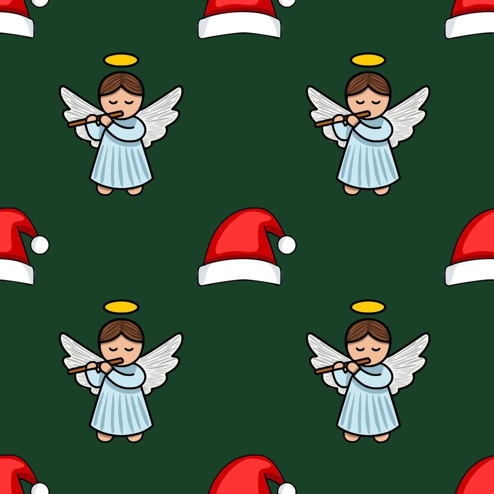 Seamless pattern featuring charming angels playing flutes and Santa hats on a deep green background, creating a festive and whimsical Christmas design. vector