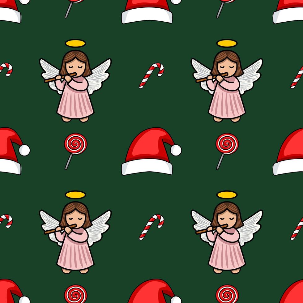 Seamless Christmas pattern with cute angels playing flutes, Santa hats, candy canes, and lollipops on a dark green background. vector