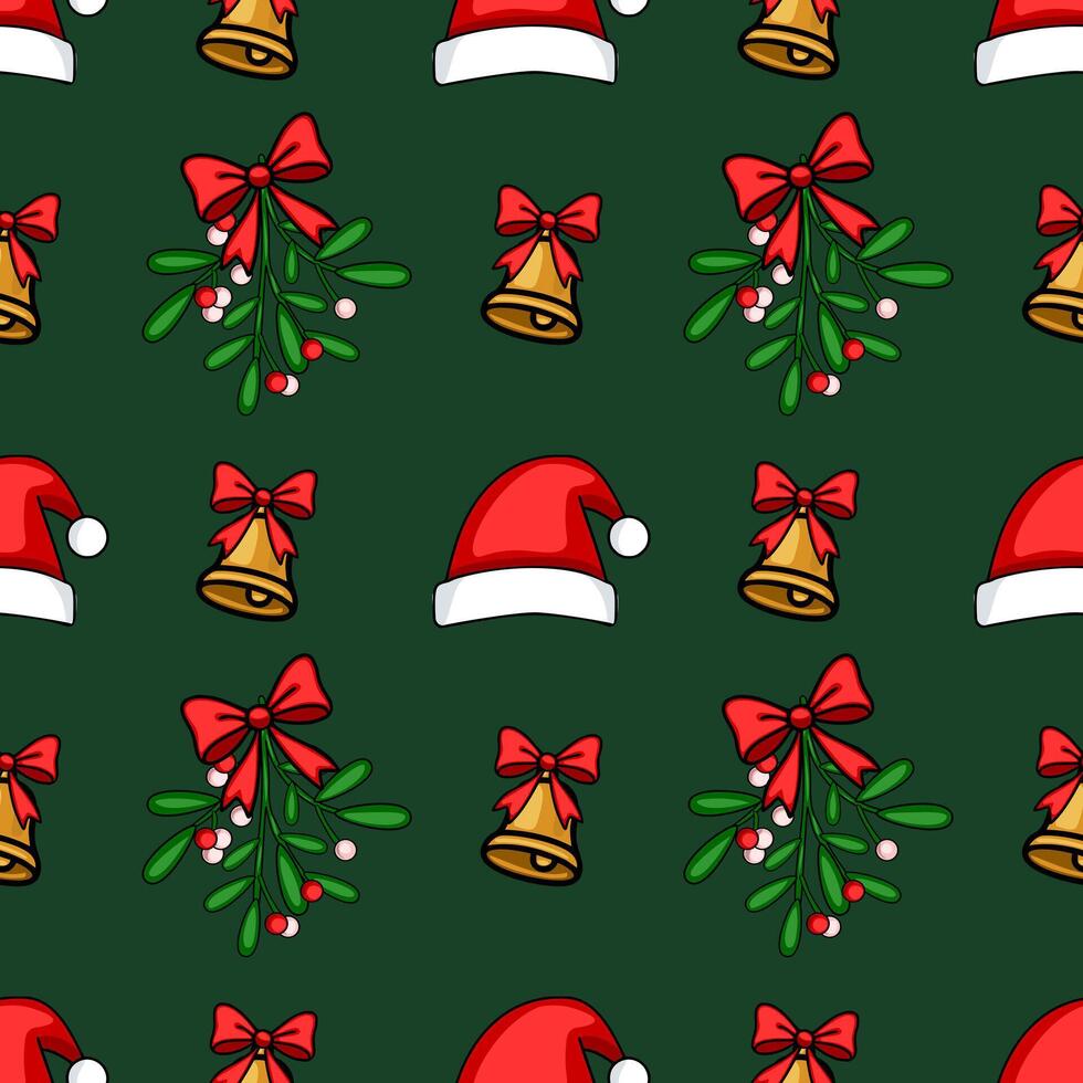 Seamless Christmas pattern with handdrawn illustrations of Santa hats, mistletoe sprigs, and golden bells adorned with red bows, set against a deep green background. vector