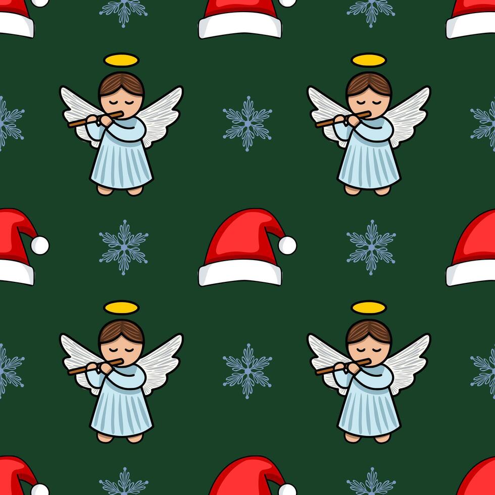 Seamless Christmas pattern featuring adorable angels playing flutes, interspersed with Santa hats and snowflakes on a deep green background, creating a charming and festive design. vector
