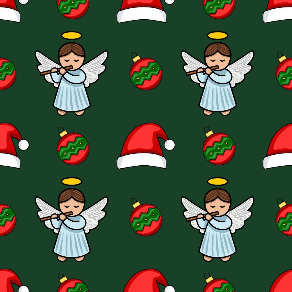 Seamless Christmas pattern with cute angels playing flutes, Santa hats, and red and green baubles on a dark green background. vector