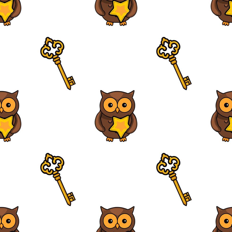 Seamless pattern featuring adorable brown owls holding golden stars and antique golden keys on a white background, creating a charming and whimsical design. vector