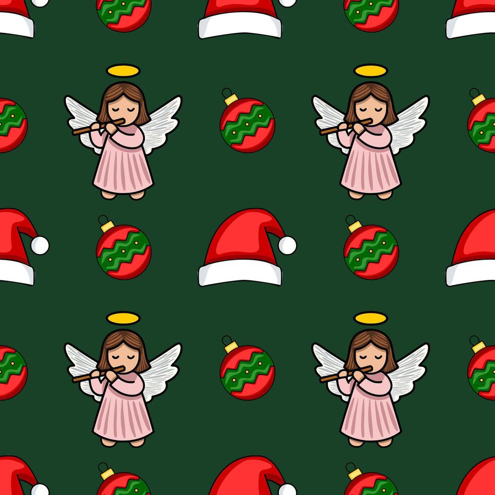 Seamless Christmas pattern featuring adorable angels playing flutes, festive baubles, and Santa hats on a dark green background, creating a charming and whimsical holiday design. vector
