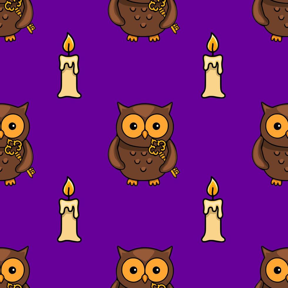 Seamless pattern featuring adorable brown owls holding golden keys and burning candles on a rich purple background, creating a whimsical Halloween or autumnal design. vector