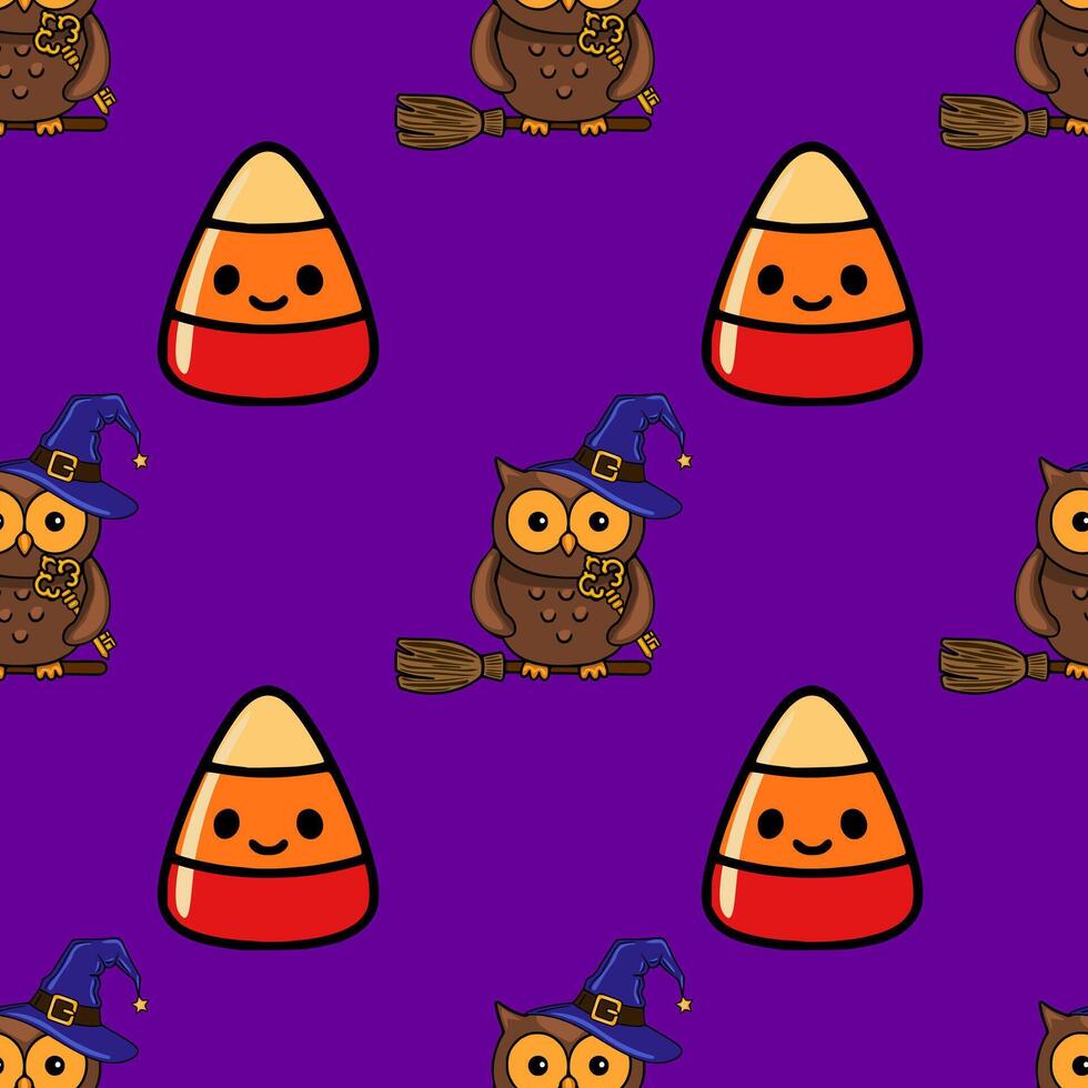 Seamless Halloween pattern with cute cartoon owls in witch hats riding broomsticks and candy corn on a vibrant purple background, perfect for festive designs. vector