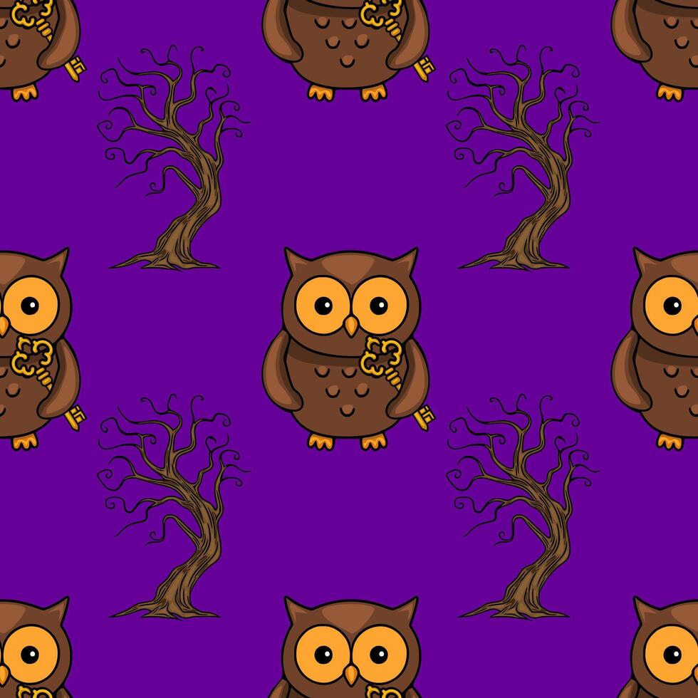 Seamless pattern featuring cute brown owls holding golden keys and spooky bare trees on a deep purple background, perfect for Halloween or autumn designs. vector