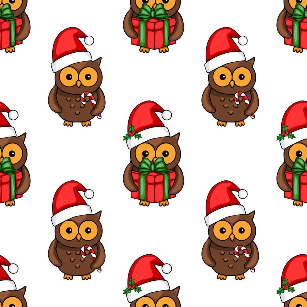 Seamless pattern of cute Christmas owls in Santa hats, some holding gifts and candy canes, on a white background, perfect for festive designs. vector