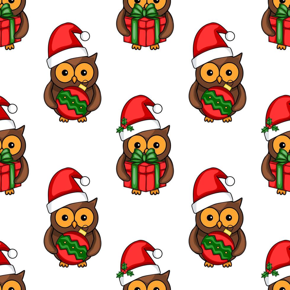 Seamless pattern of cute cartoon owls in Santa hats, some holding Christmas presents, others Christmas balls, on a white background, perfect for festive designs. vector