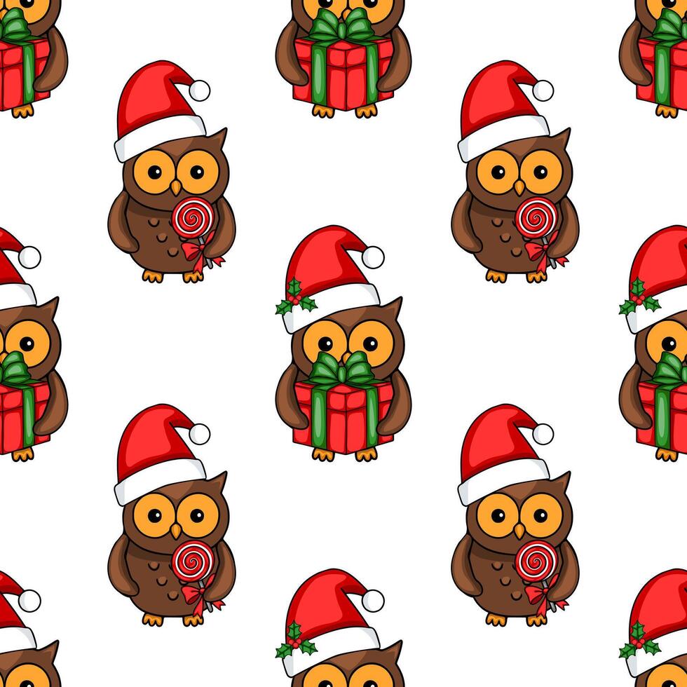Seamless pattern featuring adorable cartoon owls in Santa hats, some holding gifts, others with lollipops, creating a festive Christmas design. vector