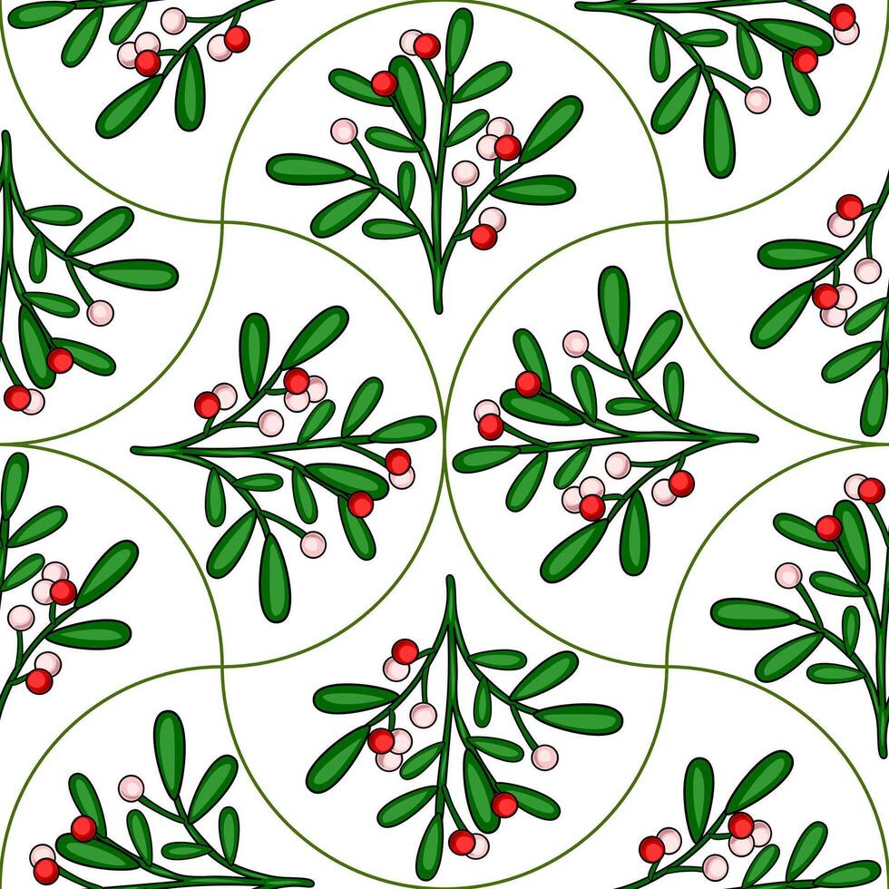 Seamless pattern of stylized mistletoe branches with red and pink berries, arranged in a repeating geometric design with curved lines on a white background. vector