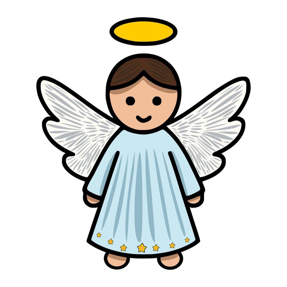 Adorable illustration of a Christmas angel with detailed wings and a halo, featuring a light blue robe and gold stars, perfect for festive designs. vector