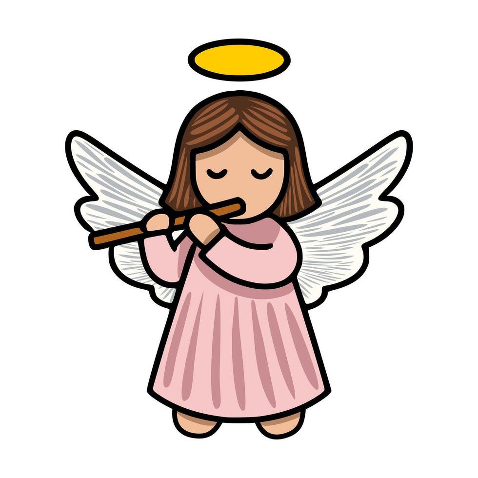 Adorable illustration of a cherubic angel playing a flute, depicted in a charming cartoon style with distinct features and pastel colors. vector