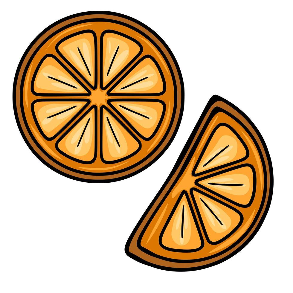 A illustration featuring a whole orange slice and a halforange slice, rendered in a vibrant, cartoonish style with bold outlines and warm orange hues, ideal for adding a zesty touch to desi... vector