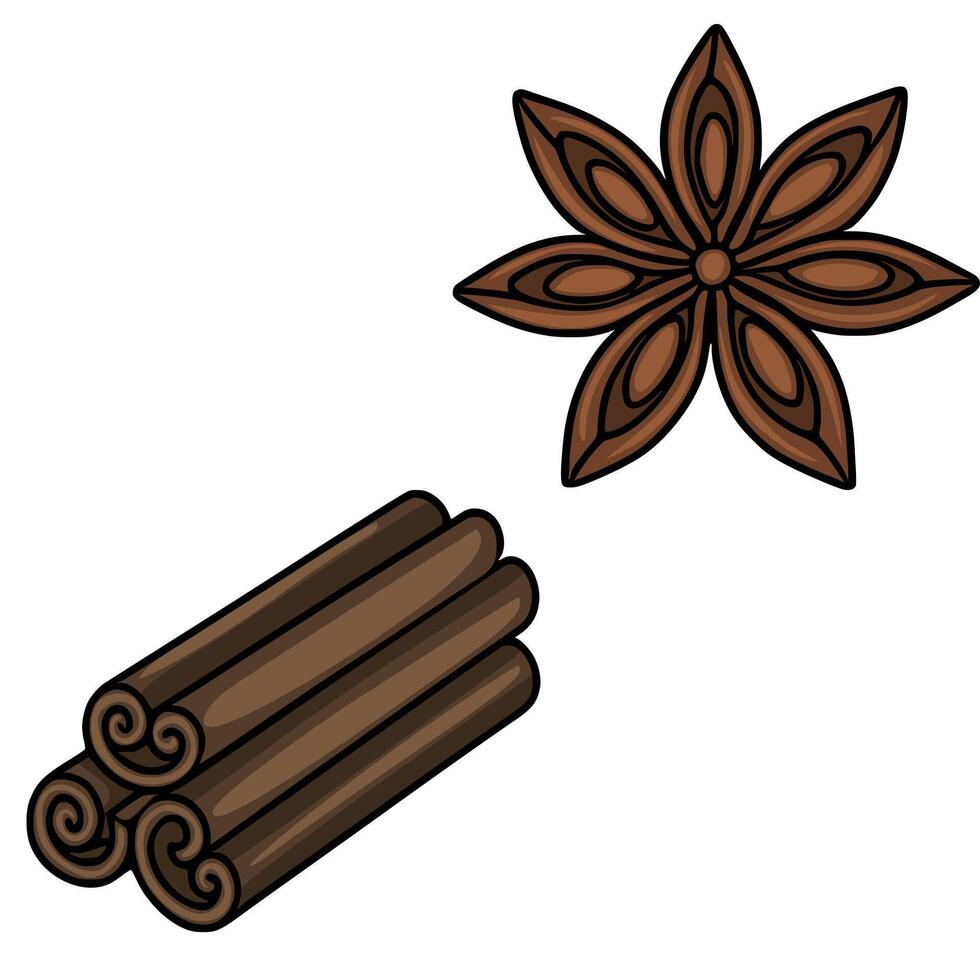 Aromatic Spices Illustration Detailed depiction of star anise and cinnamon sticks, showcasing their intricate textures and warm brown hues, ideal for culinary or festive designs. vector