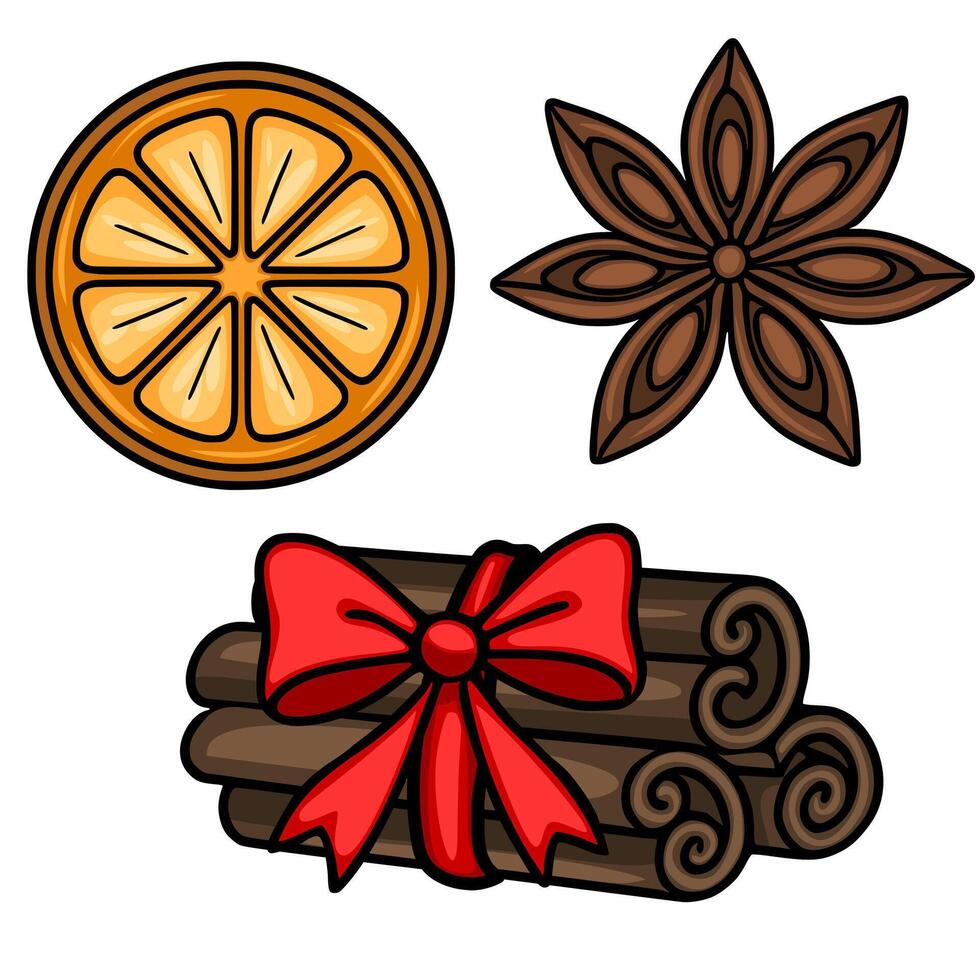 Festive illustration of a dried orange slice, star anise, and cinnamon sticks tied with a red ribbon, perfect for Christmas designs and winter holiday projects. vector