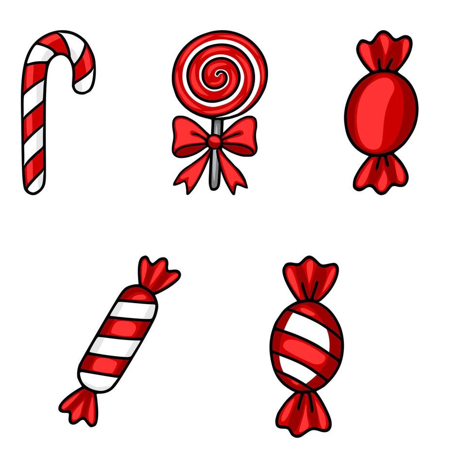 Festive red and white illustration of assorted Christmas candies candy cane, lollipop with a bow, and wrapped hard candies. vector