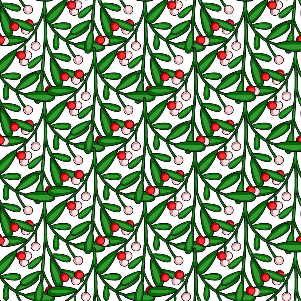 Seamless pattern of stylized mistletoe branches with red and pink berries on a white background, perfect for Christmas holiday designs. vector