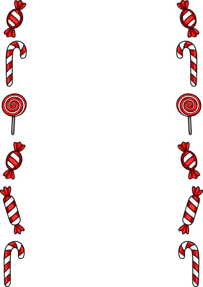 Festive Christmas border design featuring candy canes, lollipops, and wrapped sweets in a cheerful red and white color scheme, perfect for holiday invitations or cards. vector