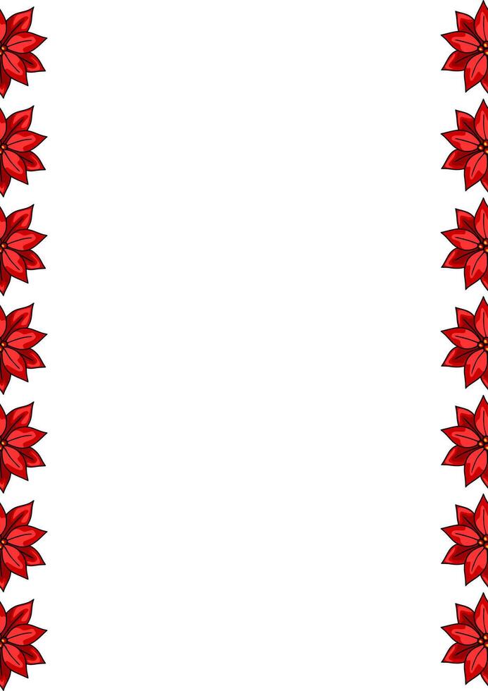 Festive Christmas border design featuring vibrant red poinsettia flowers arranged vertically on a white background, perfect for holiday cards or invitations. vector