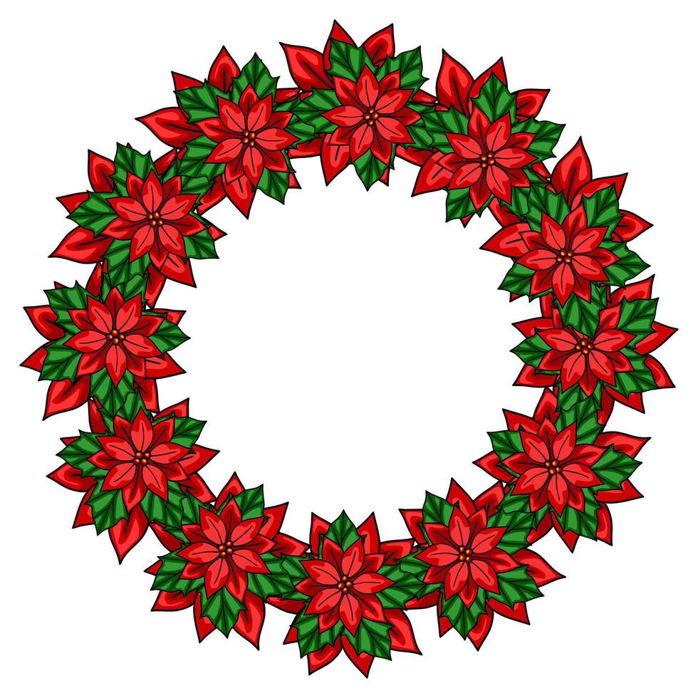 Festive Christmas wreath design featuring vibrant red poinsettia flowers and lush green leaves, perfect for holiday cards and invitations. vector