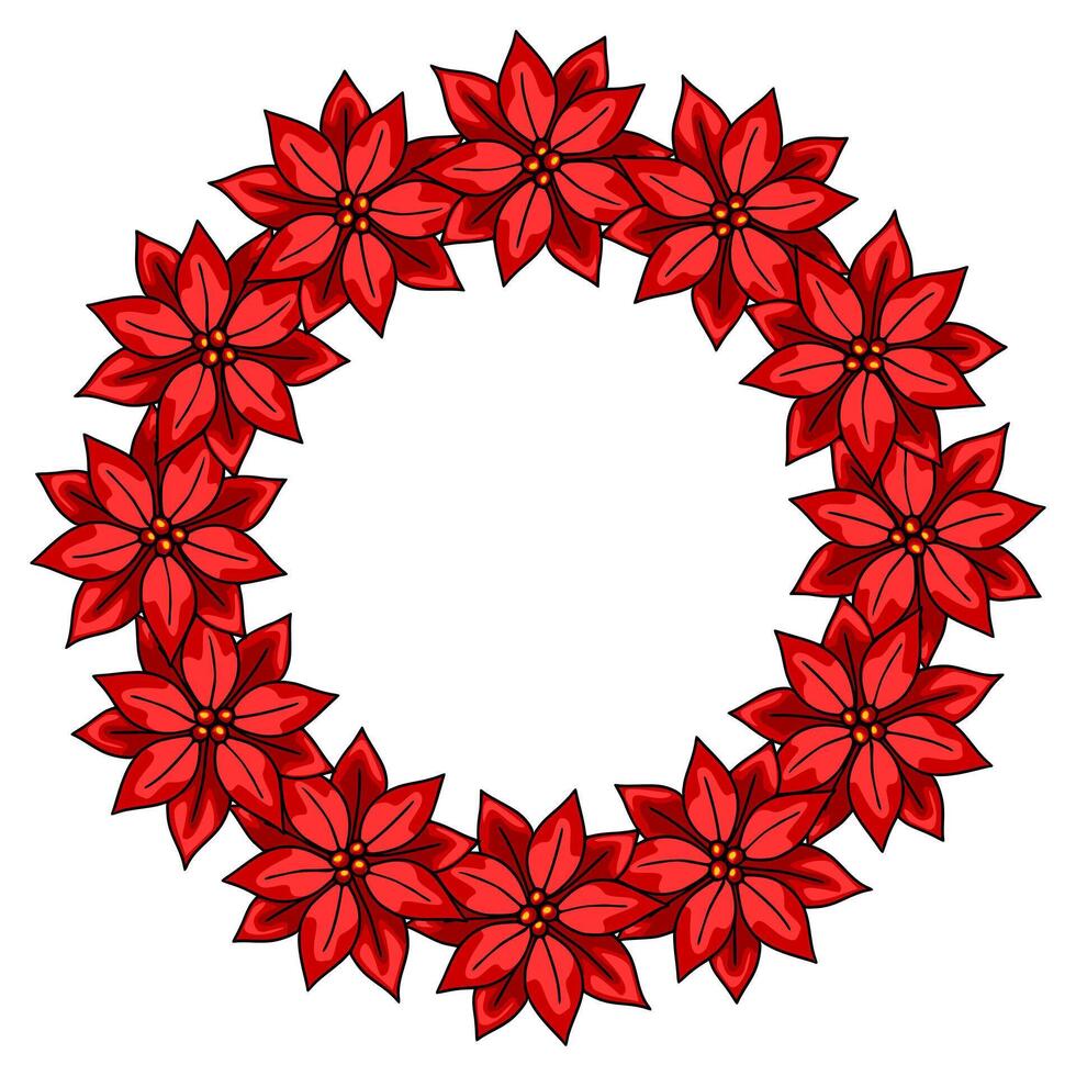 Festive Christmas wreath design featuring a vibrant circle of detailed poinsettia flowers, perfect for holiday invitations or seasonal decorations. vector