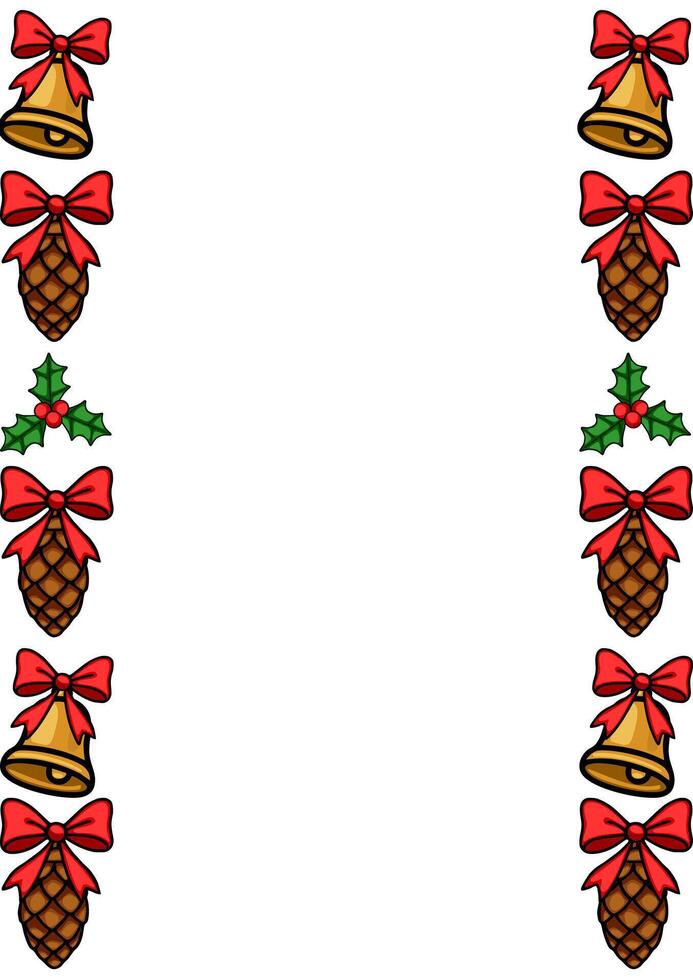 Festive Christmas border design with golden bells, pine cones, red bows, and holly berries, perfect for holiday cards and invitations. vector