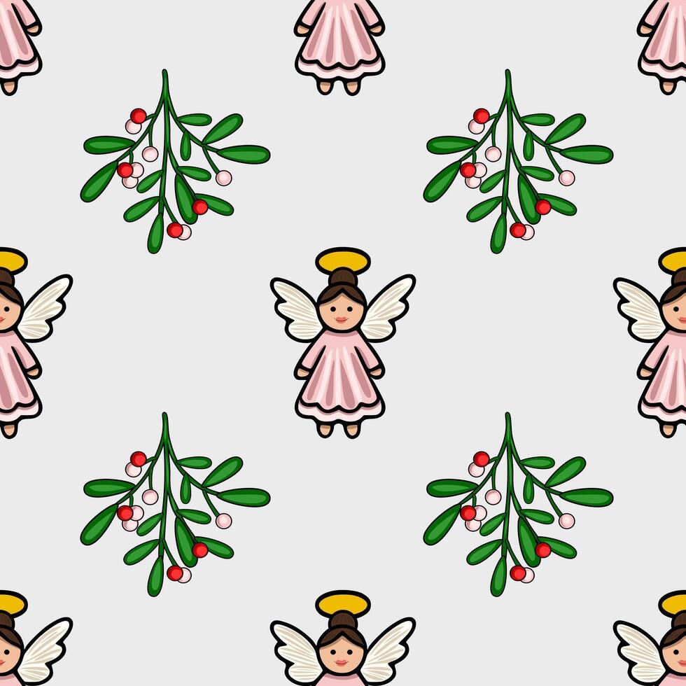 Seamless Christmas pattern featuring adorable angels in pink dresses and mistletoe sprigs with red and white berries, creating a charming and festive design. vector