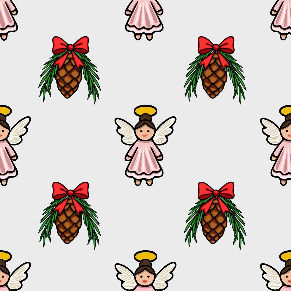 Seamless Christmas pattern featuring adorable angels in pink dresses and pine cones adorned with red bows, creating a charming and festive design ideal for holiday projects. vector
