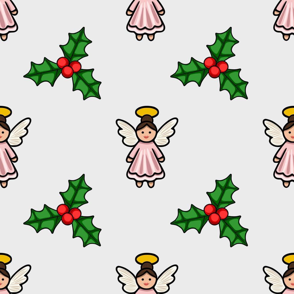 Seamless Christmas pattern featuring adorable pink angels with halo and wings, and holly berries, creating a charming and festive design perfect for winter holidays. vector