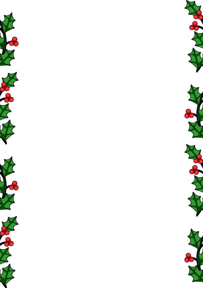 Festive Christmas border design featuring a repeating pattern of holly leaves and red berries, ideal for holiday cards, invitations, or festive backgrounds. vector