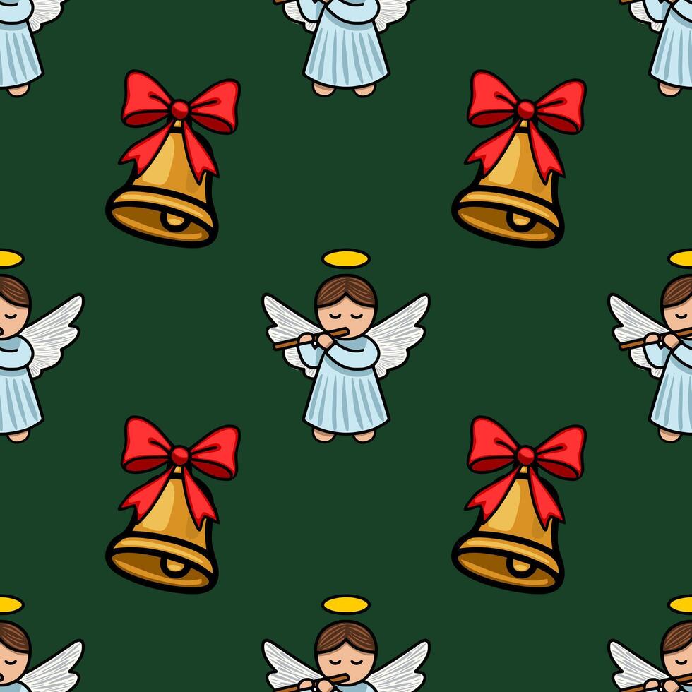 Seamless Christmas pattern featuring charming angels playing flutes and golden bells with red bows on a deep green background, creating a festive and whimsical design. vector