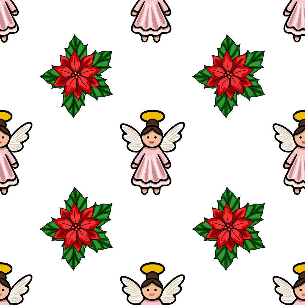 Seamless Christmas pattern featuring adorable angels in pink dresses and vibrant poinsettia flowers, creating a charming and festive design perfect for winter holidays. vector