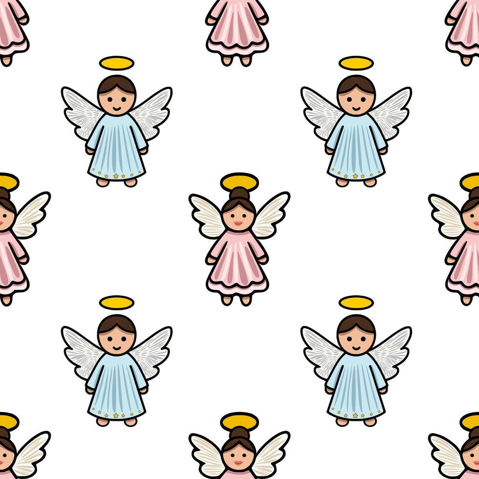Seamless pattern featuring adorable cartoon angels in pastel pink and light blue dresses, adorned with golden halos and stars, creating a charming and festive Christmas design. vector