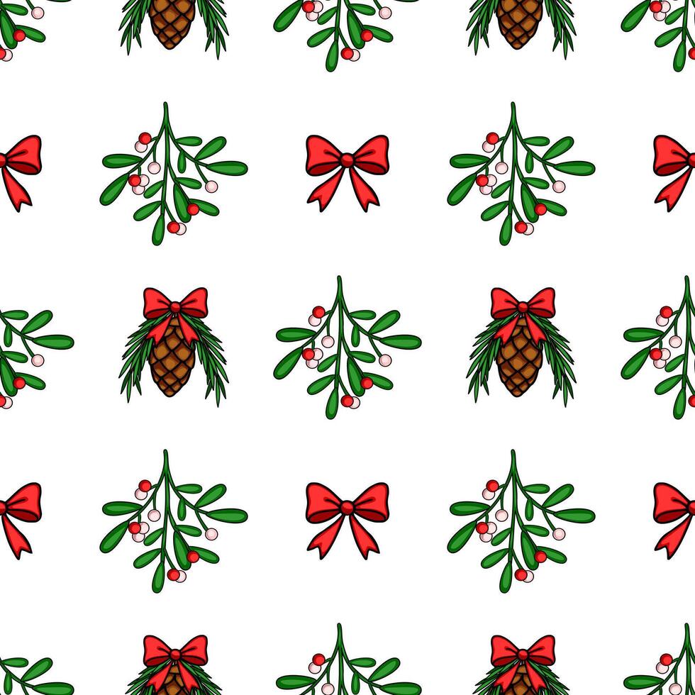 Seamless Christmas pattern with handdrawn mistletoe sprigs, pine cones adorned with red bows, and vibrant red bows on a pristine white background, ideal for festive designs. vector