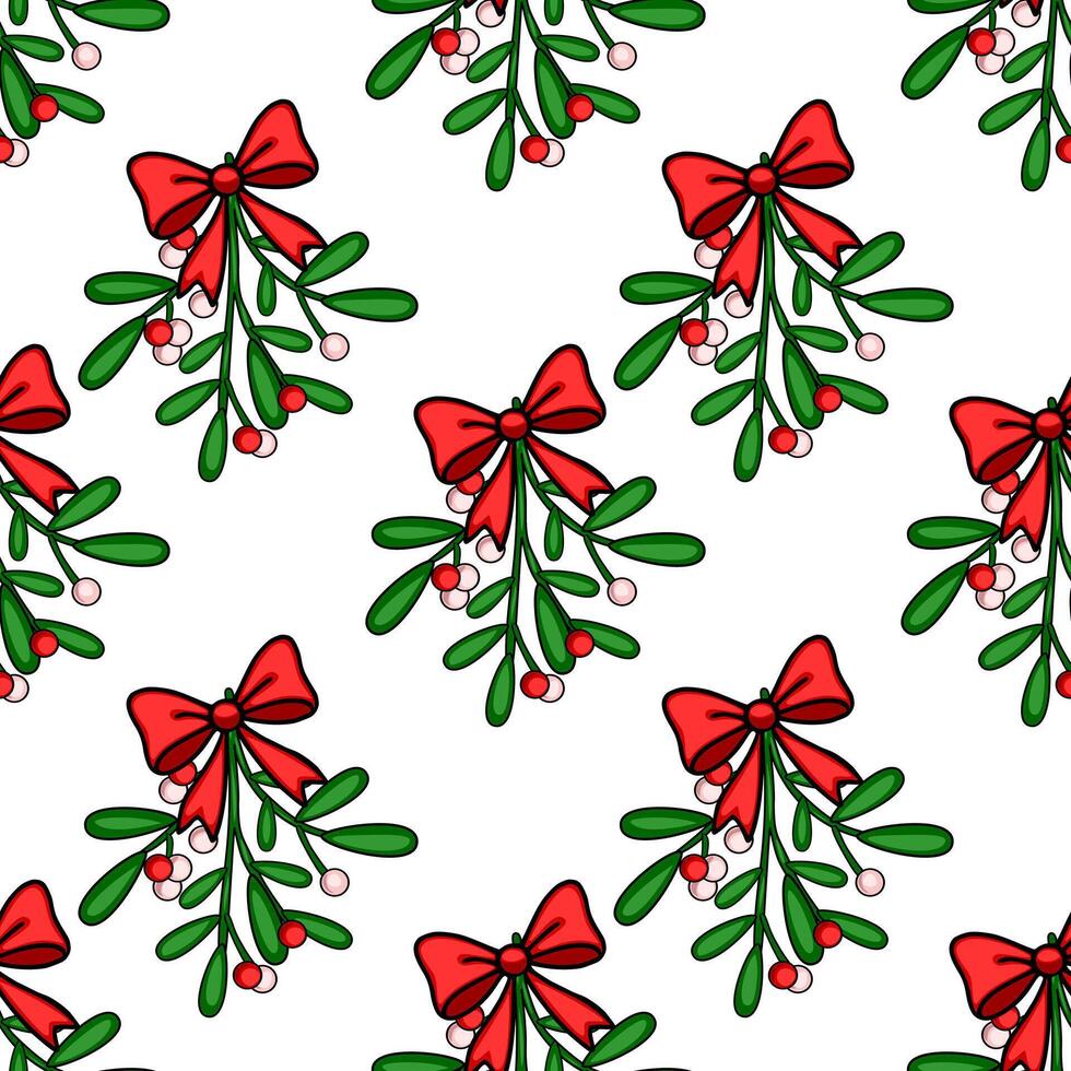 Seamless pattern of mistletoe sprigs adorned with red bows, featuring red and pink berries against a white background, ideal for festive Christmas designs. vector