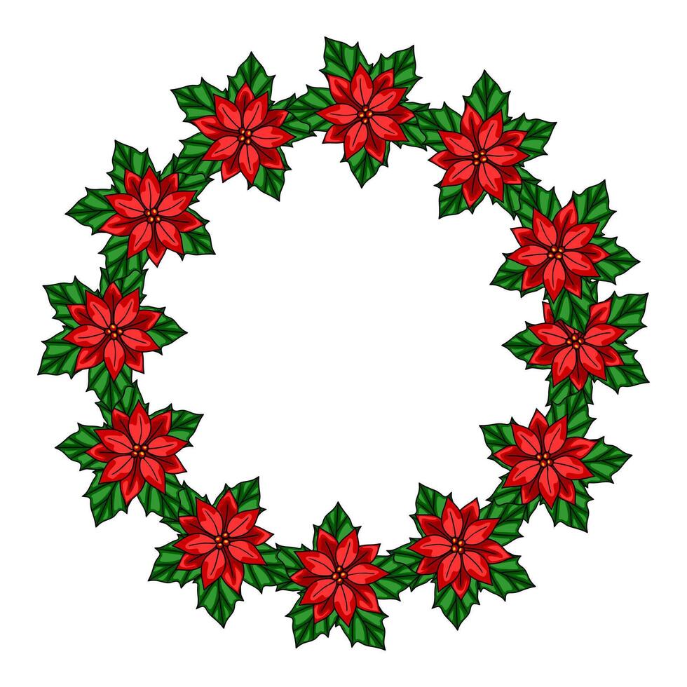 Festive Christmas wreath design featuring a circular arrangement of vibrant red poinsettias and lush green leaves, perfect for holiday invitations or cards. vector