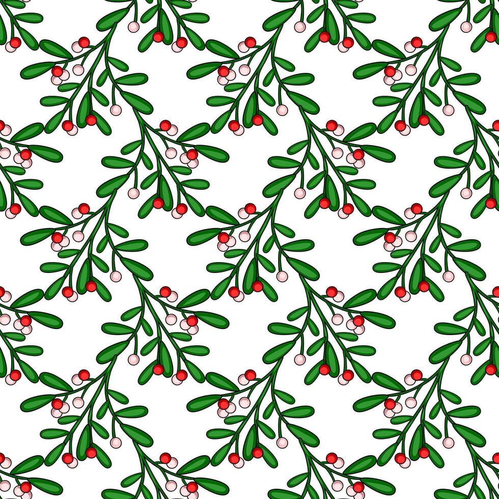 Seamless pattern of stylized mistletoe branches with red and pink berries on a white background, perfect for festive Christmas designs. vector