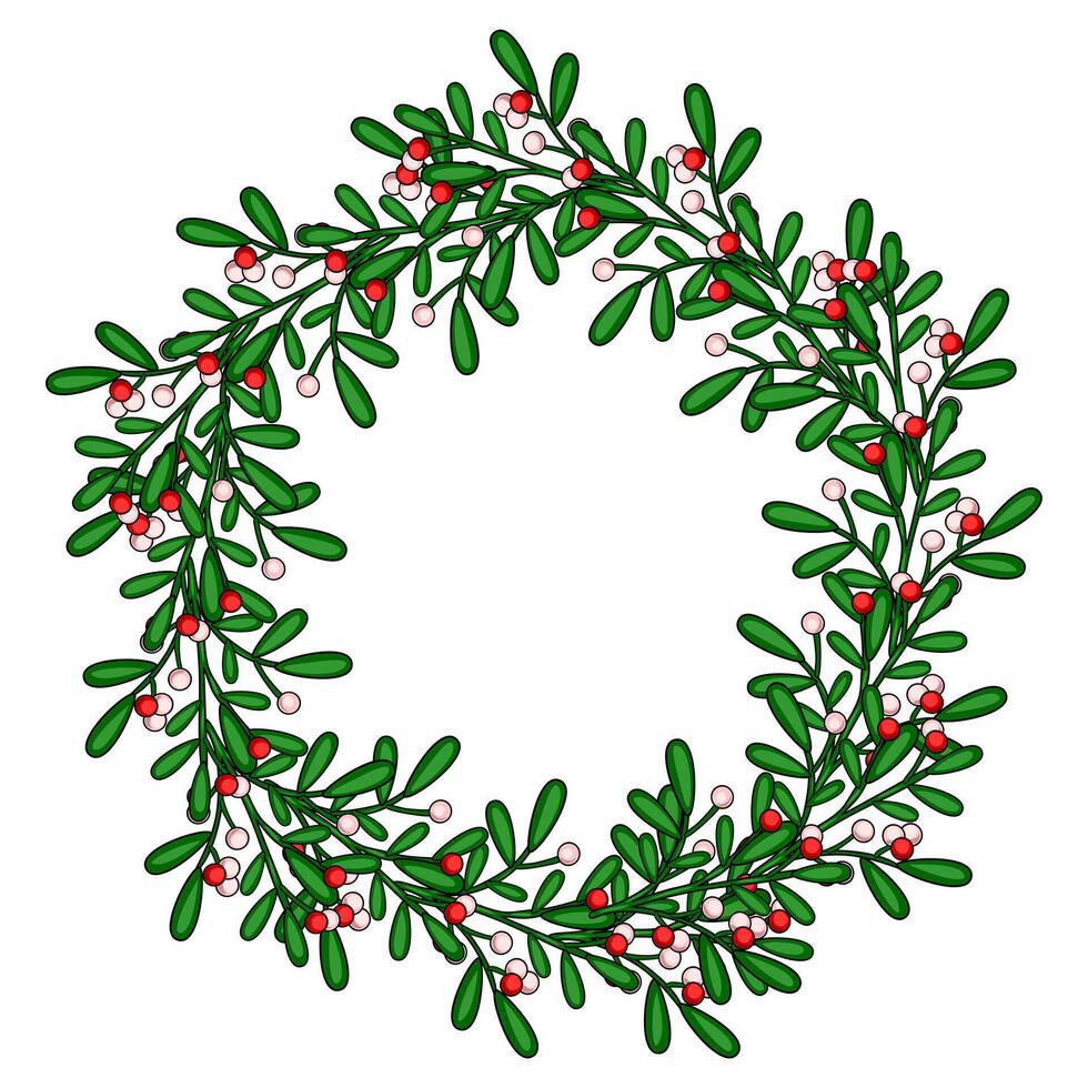 Festive Christmas wreath design featuring mistletoe branches with red and pink berries, perfect for holiday cards, invitations, and seasonal decorations. vector