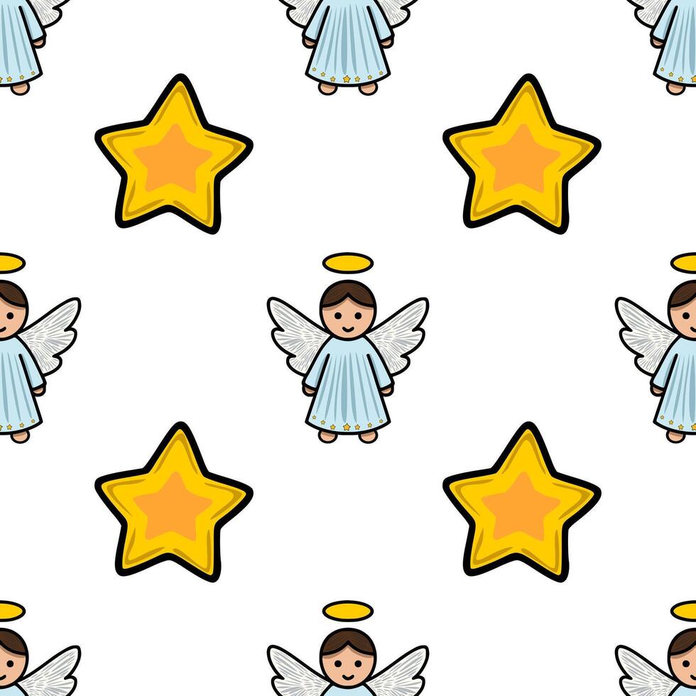 Seamless Christmas pattern featuring adorable cherubic angels with halos and golden stars, creating a charming and festive design ideal for holiday cards and wrapping paper. vector