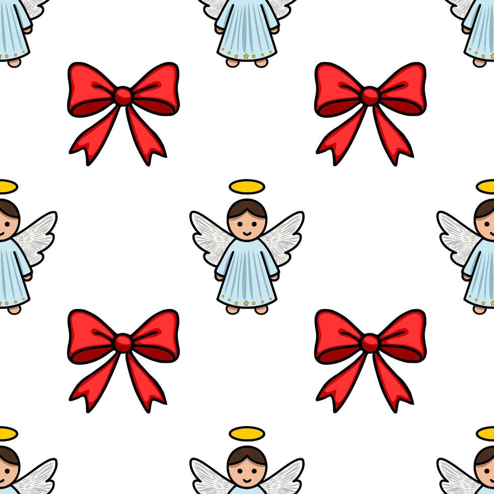 Seamless pattern featuring adorable cartoon angels with halos and bright red bows, perfect for festive Christmas designs. vector
