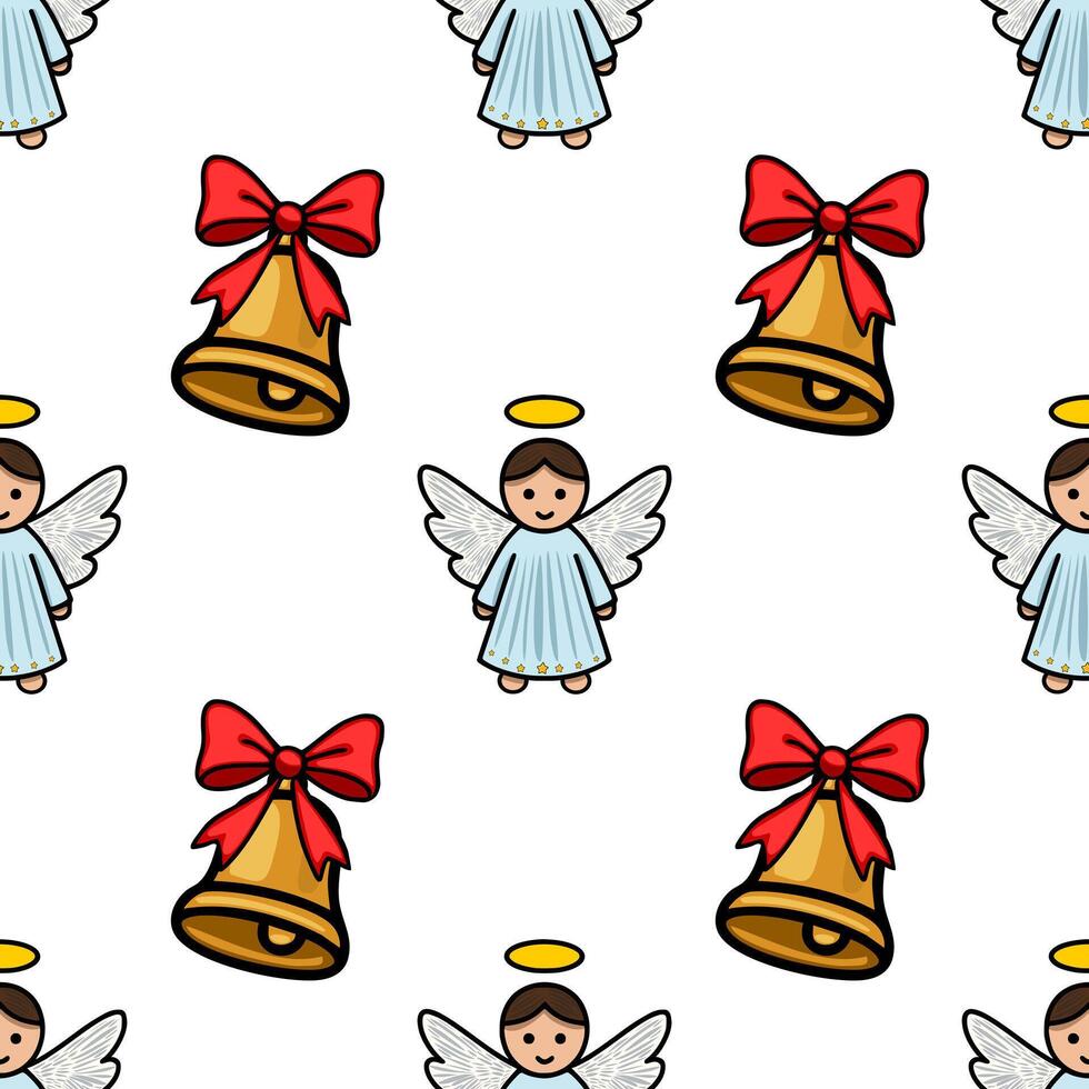 Seamless pattern featuring charming cherubic angels with halos and golden bells adorned with vibrant red bows, creating a festive Christmas design. vector