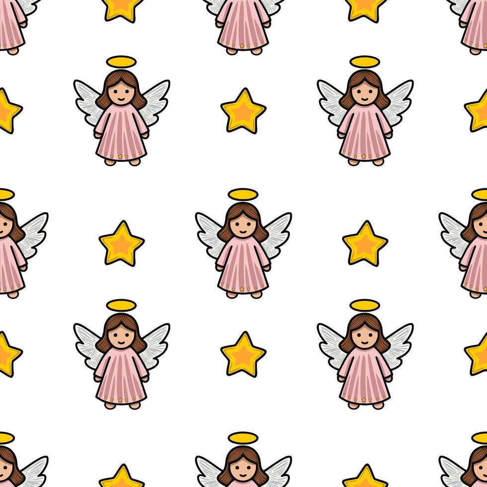Seamless pattern featuring adorable cartoon angels in pink dresses and golden stars, perfect for festive Christmas designs. vector