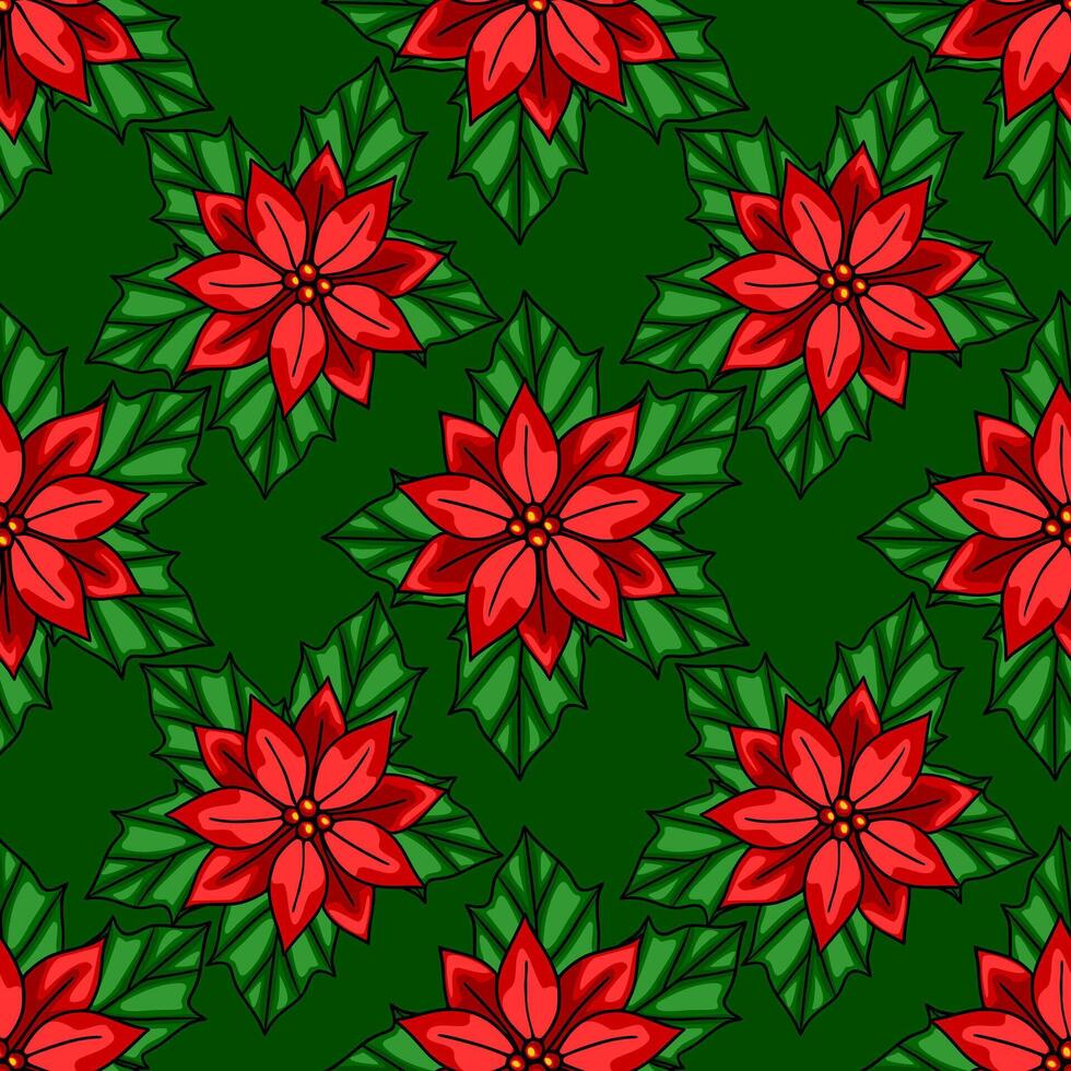 Seamless pattern of stylized poinsettia flowers with rich red petals and vibrant green leaves on a deep green background, perfect for festive Christmas designs. vector