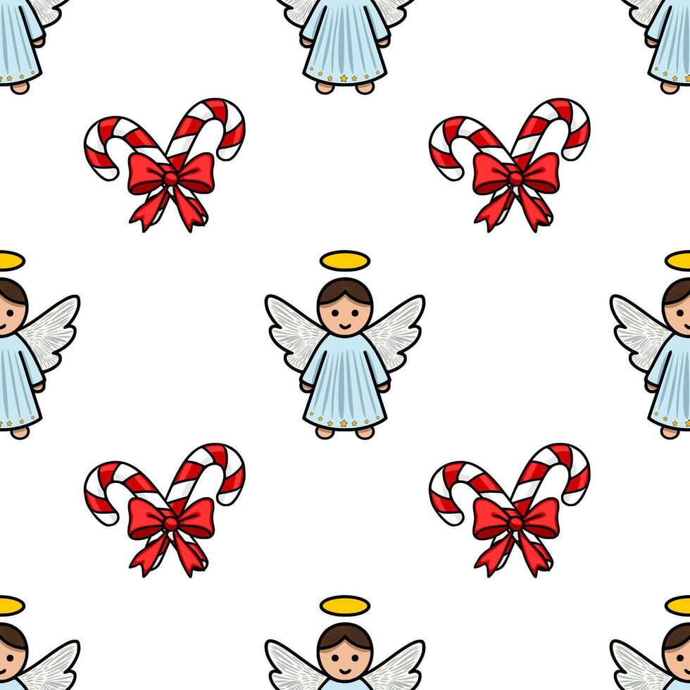 Seamless Christmas pattern featuring adorable angels with halos and candy canes tied with red bows, creating a charming and festive design. vector