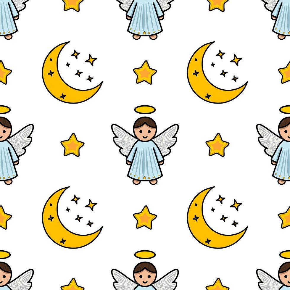 Seamless pattern of angels, crescent moons, and stars, perfect for Christmas or babythemed designs. vector