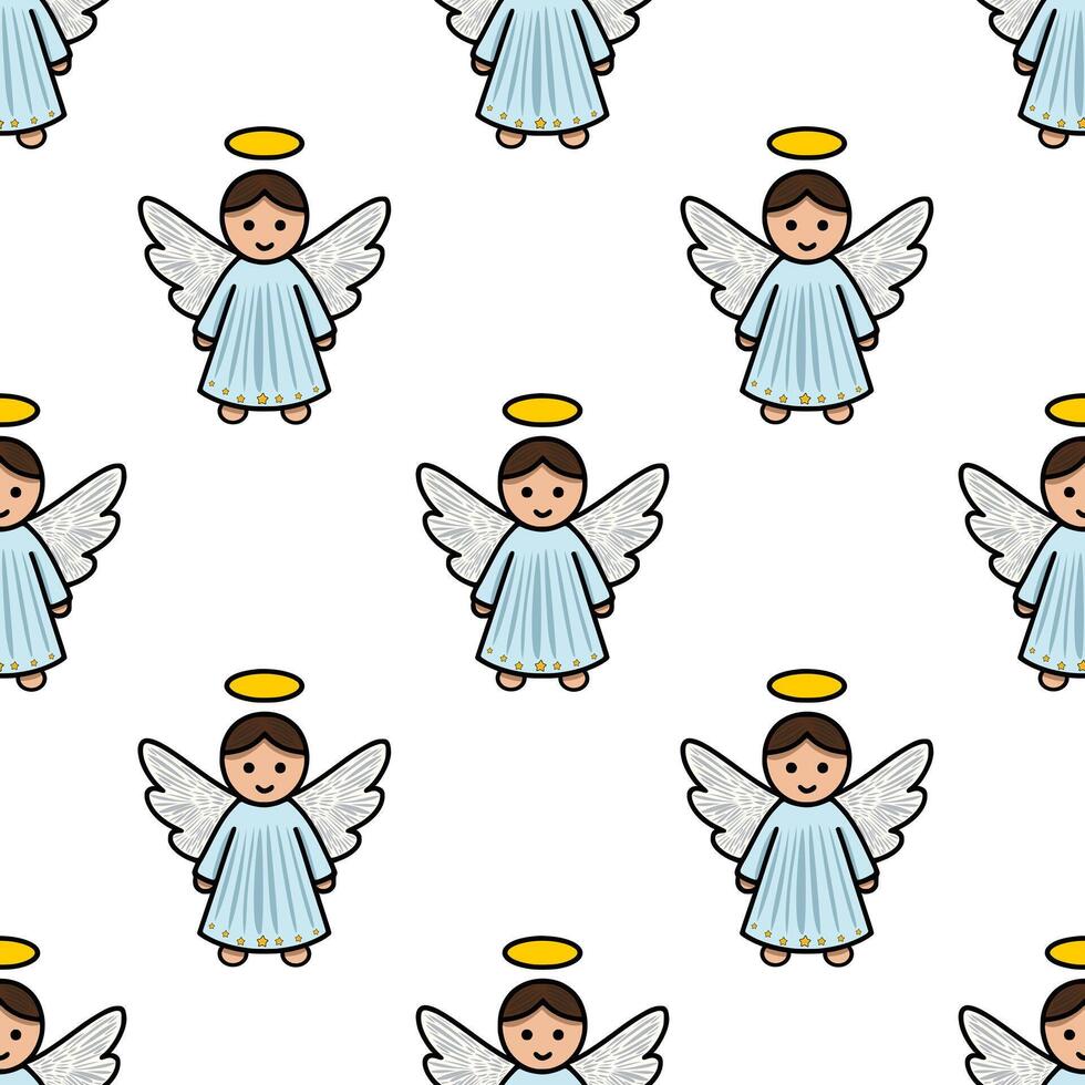 Seamless pattern of cute baby angels with light blue robes, halo, and wings, perfect for Christmas or religious designs. vector