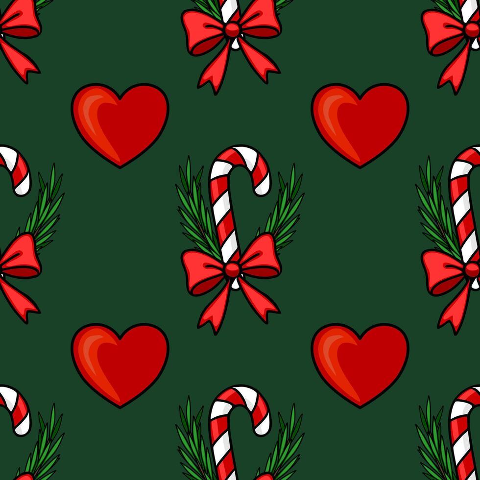 Seamless Christmas pattern with candy canes, hearts, and bows on a dark green background, perfect for festive designs and winter holidays. vector