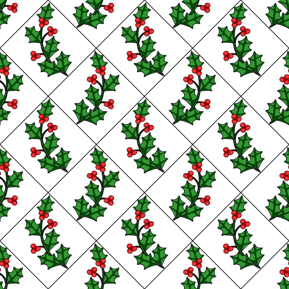 Seamless pattern of stylized holly branches with red berries, arranged in a diamond grid on a white background, creating a festive Christmas design. vector