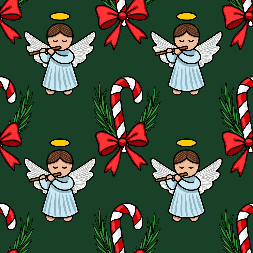 Seamless Christmas pattern featuring adorable angels playing flutes, candy canes with red bows, and festive greenery on a dark green background, perfect for holiday designs. vector